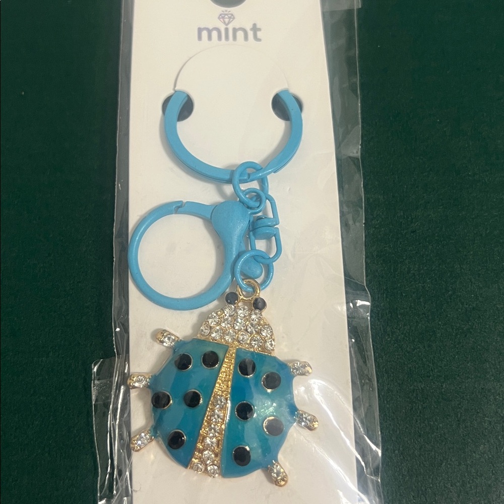 Mint Blue Ladybug Keychain with Gold & Black Accents
